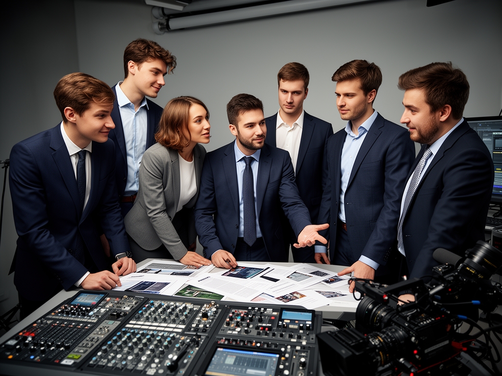 Команда преподавателей и студентов Norexil в медиалаборатории — обсуждение редакционного материала вокруг монтажного стола с профессиональным оборудованием