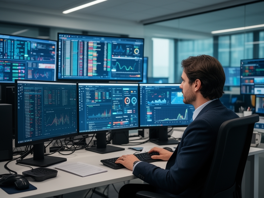 Журналист за многоэкранным рабочим местом, просматривающий новостные сценарии и цифровой контент в профессиональном ньюсруме с мониторами прямых трансляций