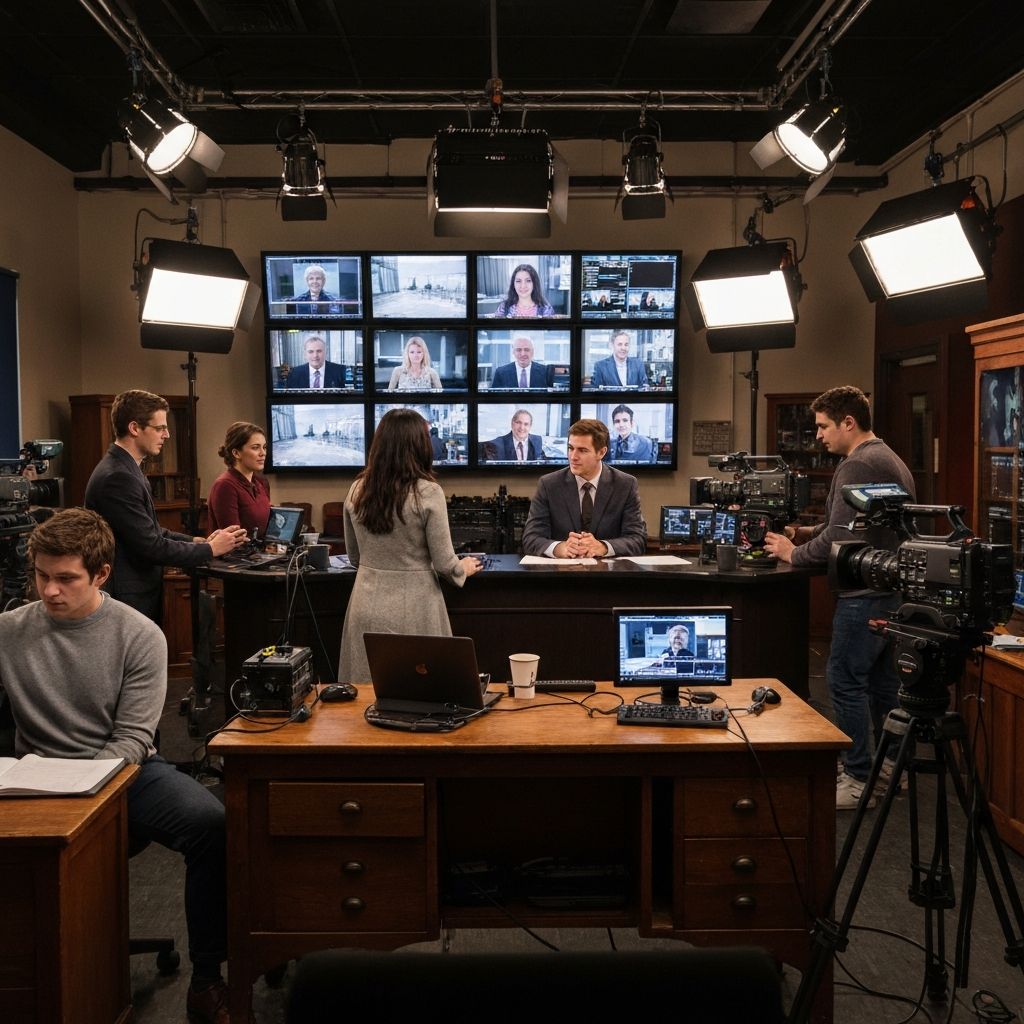 Студенты программы «Тележурналистика» в профессиональной телестудии Norexil — съёмка новостного выпуска с несколькими камерами и студийным освещением