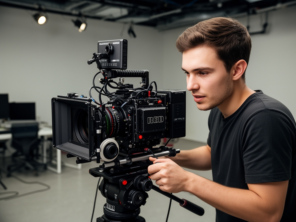 Студент-видеооператор управляет профессиональной кинокамерой на полностью оснащённой съёмочной площадке с командой и световыми установками