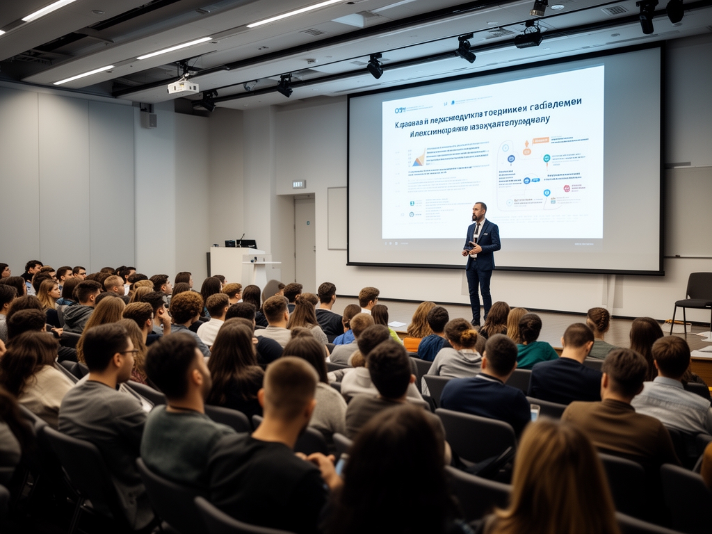 Аудитория на открытой лекции Norexil — студенты и гости сидят в современном лекционном зале, на сцене выступает известный журналист, на экране презентация о трендах медиаиндустрии