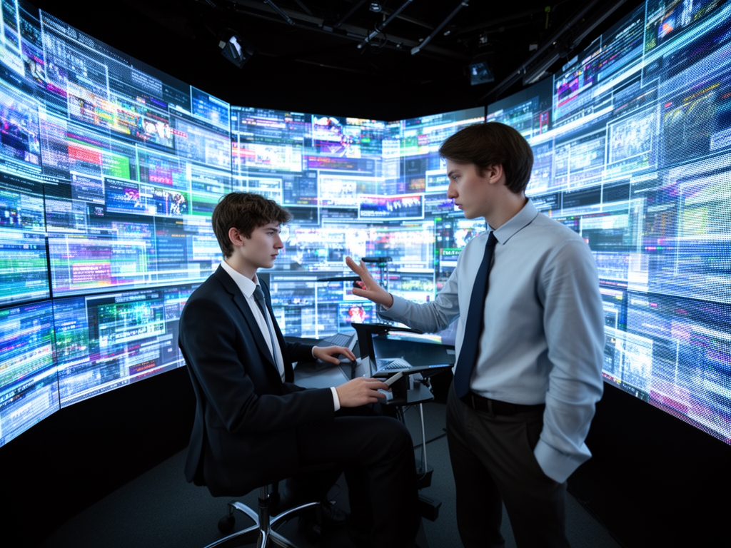 Студия дополненной реальности AR для производства новостного контента — стена с LED-экранами высокого разрешения, студент в костюме работает в интерактивной среде под руководством преподавателя