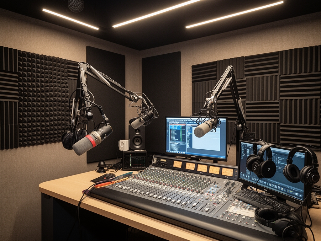 Профессиональная радиостудия Norexil с акустическими панелями звукоизоляции, микшерным пультом, студийными микрофонами и наушниками — интерьер современной радиостанции с мягким студийным освещением