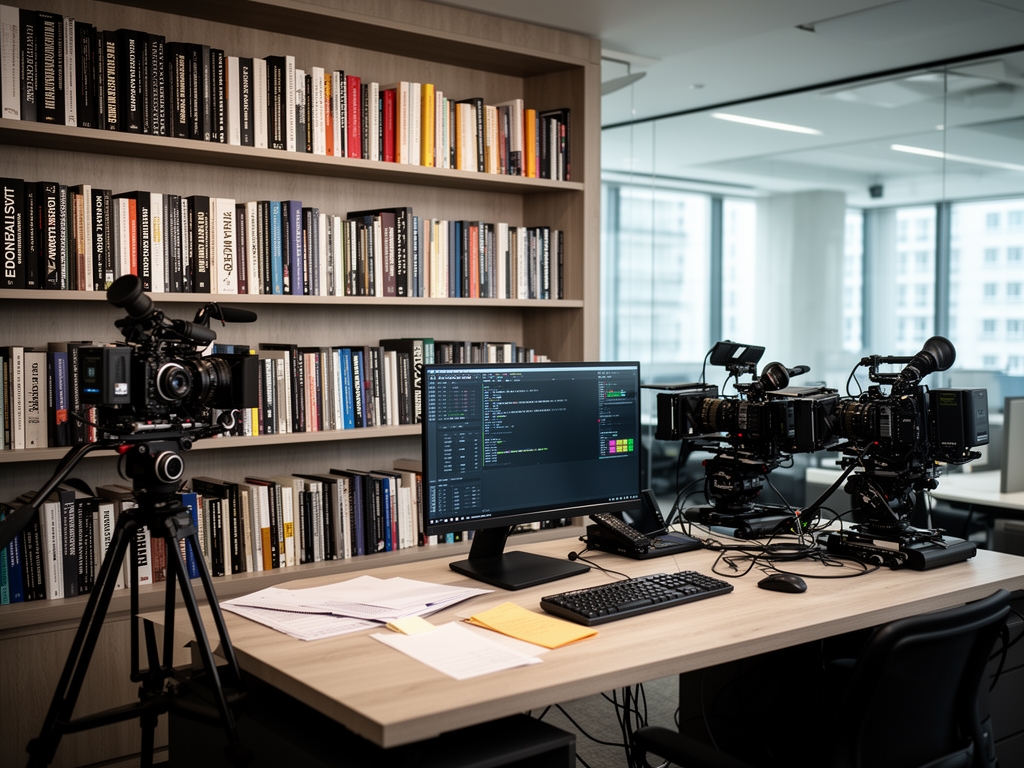 Профессиональная медиабиблиотека с книгами по журналистике, видеооборудованием и рабочим столом редактора в современном офисном пространстве